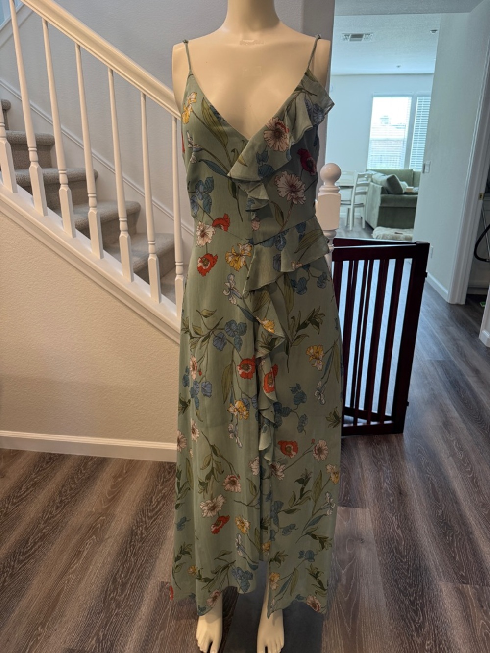 Astr Sage Green Floral Maxi Dress with Ruffle Detail